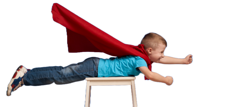 A kid dressed as a superhero,wearing a bright red cape.